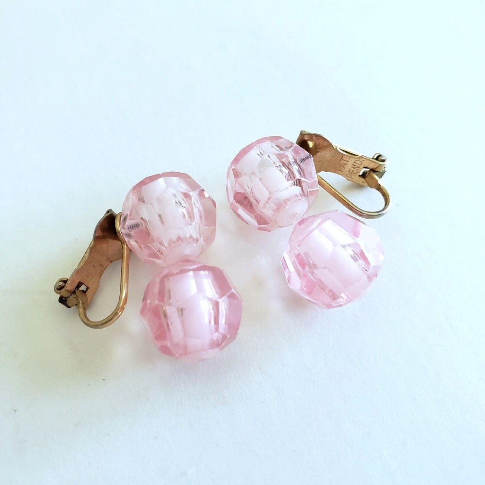 Vintage Earrings Pink Acrylic Ball Bead Clip Ons Classic Midcentury Retro Estate